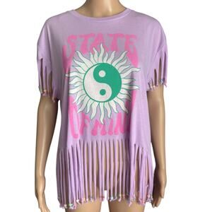 Upcycled Fringe Beaded Graphic Tee Sun Yin Yang Festival Rave Y2K 90s Top L
